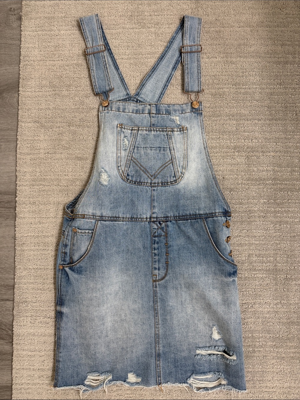 Kensie Light Blue Distressed Denim Overall Mini Dress